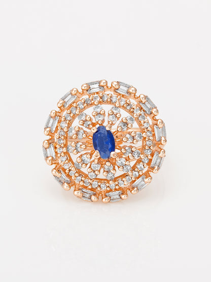 Aadita Rose Gold Tone Round Ring with Blue Oval Stone and Baguette Halo