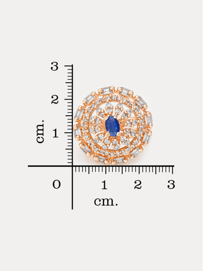 Aadita Rose Gold Tone Round Ring with Blue Oval Stone and Baguette Halo