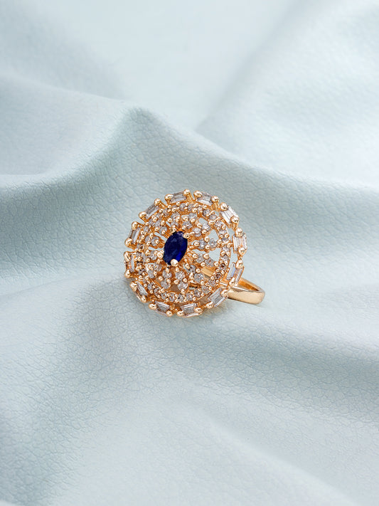 Aadita Rose Gold Tone Round Ring with Blue Oval Stone and Baguette Halo