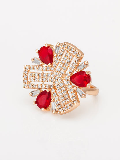 Aadita Geometric Floral Ring with Ruby Red and Baguette Crystals
