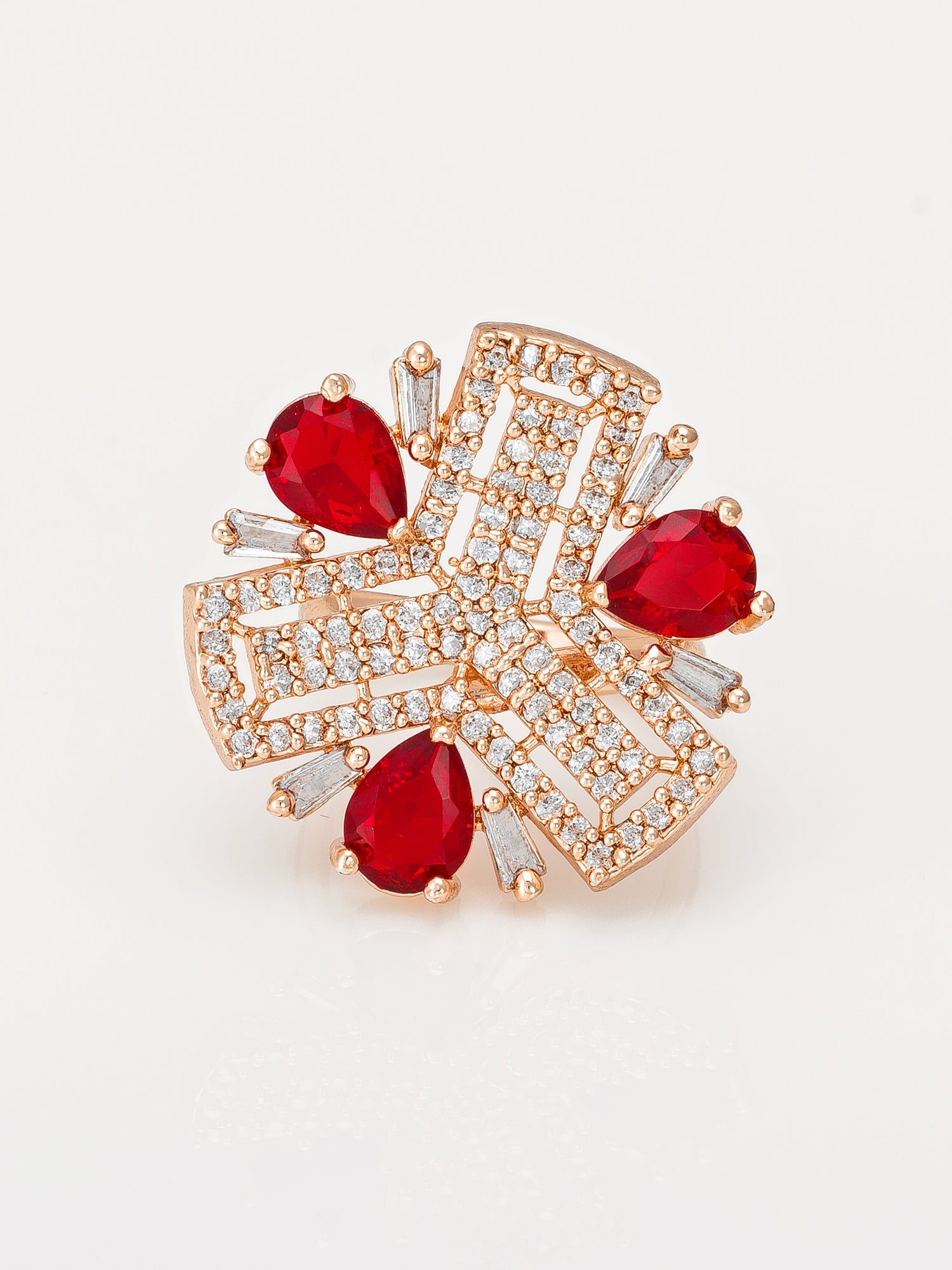 Aadita Geometric Floral Ring with Ruby Red and Baguette Crystals