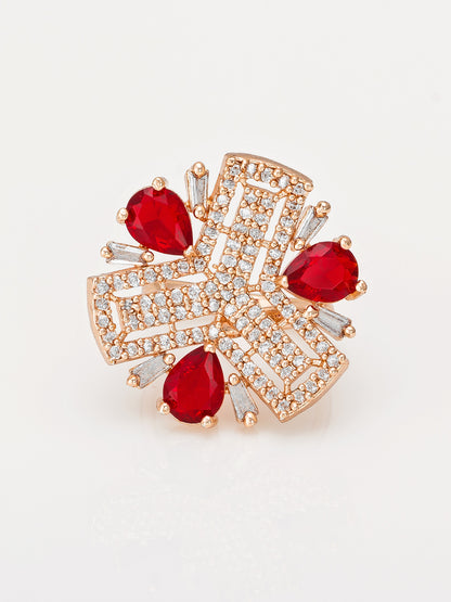 Aadita Geometric Floral Ring with Ruby Red and Baguette Crystals