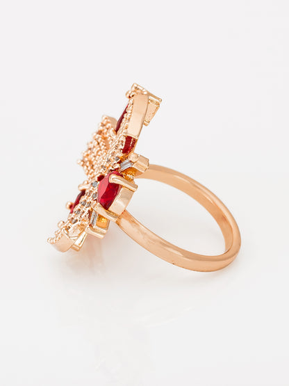 Aadita Geometric Floral Ring with Ruby Red and Baguette Crystals