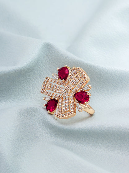 Aadita Geometric Floral Ring with Ruby Red and Baguette Crystals