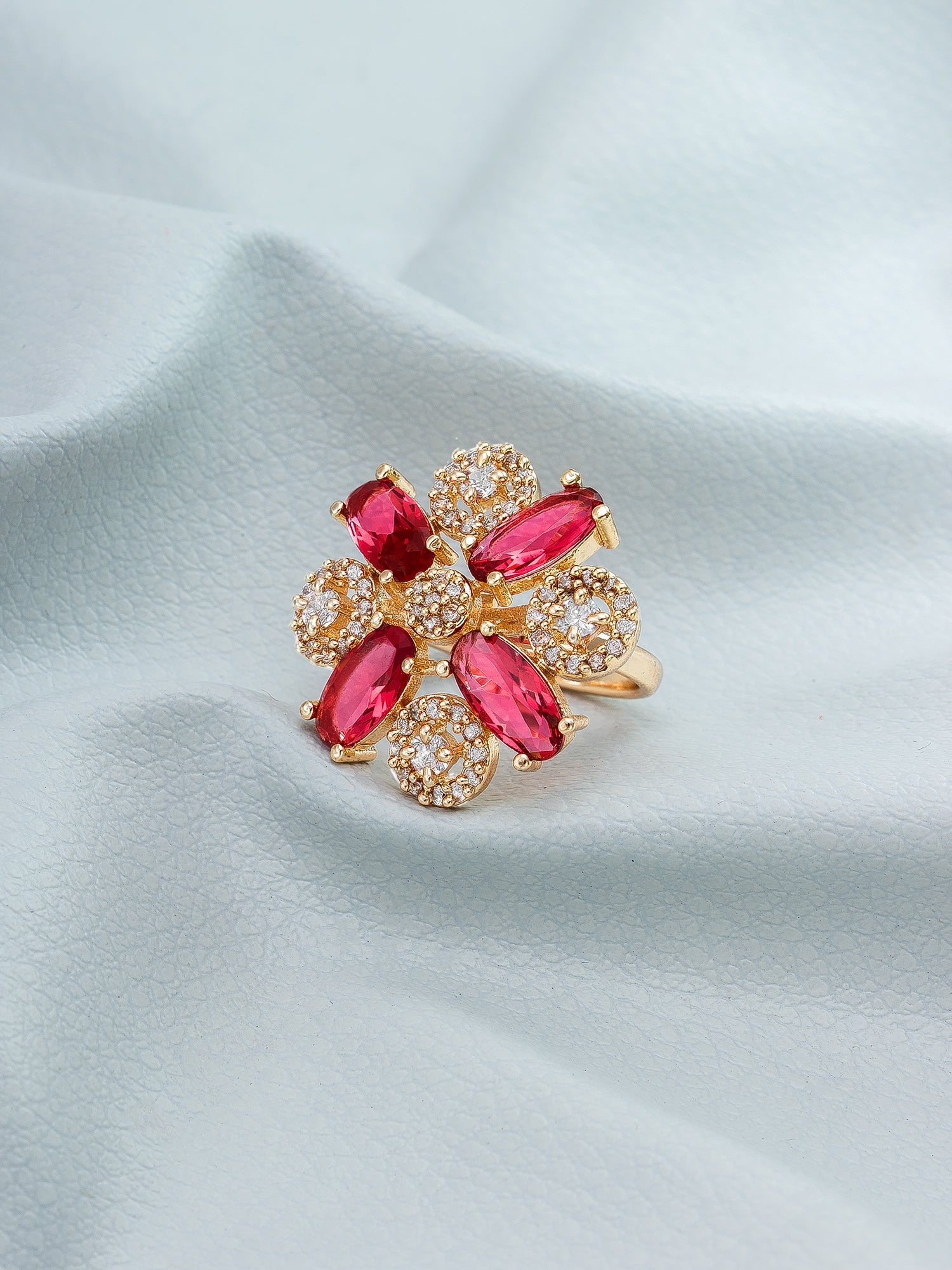 Aadita Rose Gold Floral Cluster Ring with Red Marquise Stones