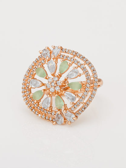 Aadita Oversized Circular Ring with Mint Green and Clear Crystals