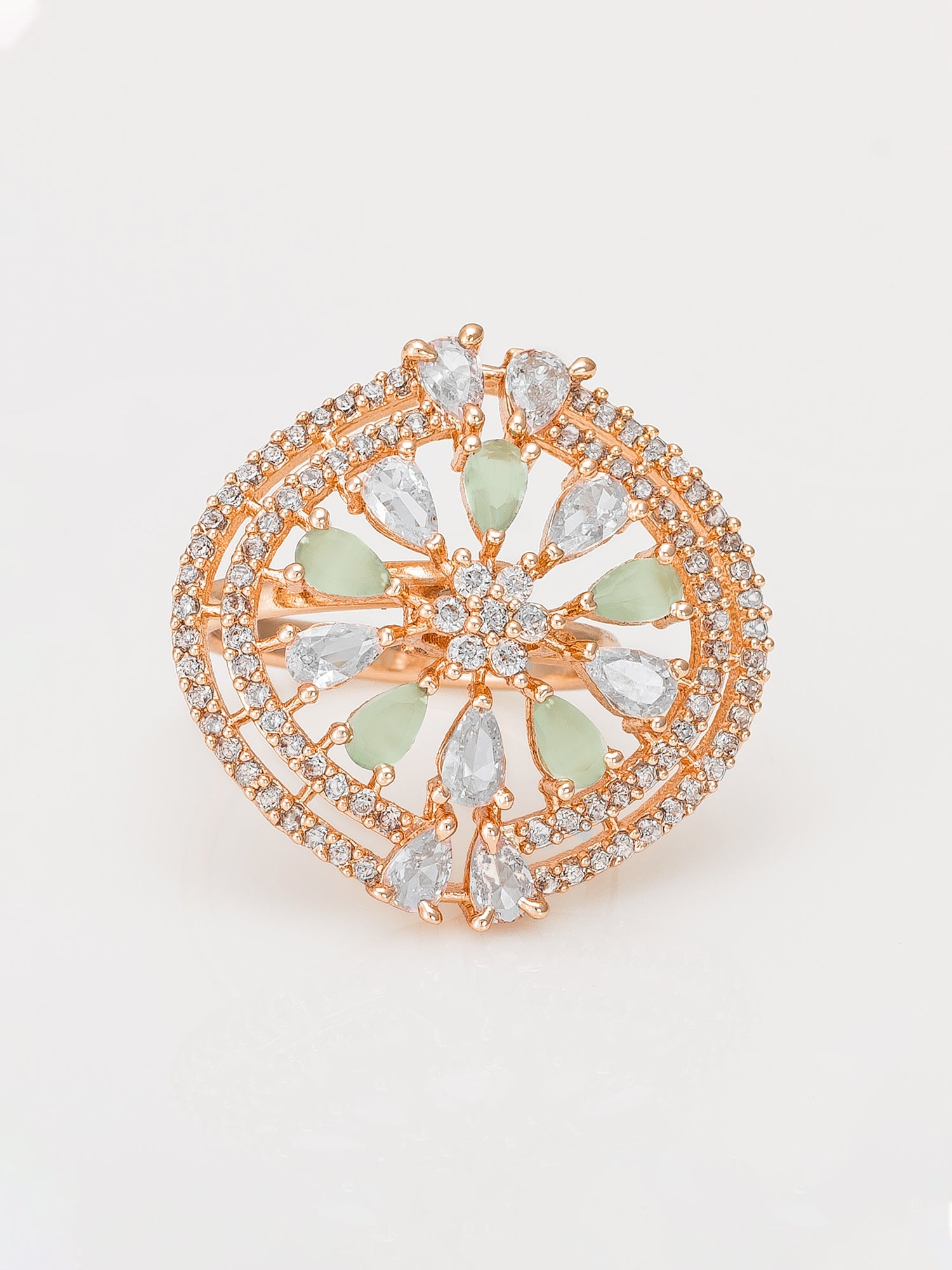 Aadita Oversized Circular Ring with Mint Green and Clear Crystals