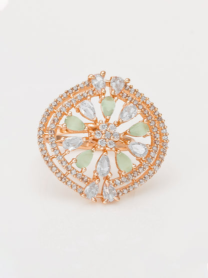Aadita Oversized Circular Ring with Mint Green and Clear Crystals