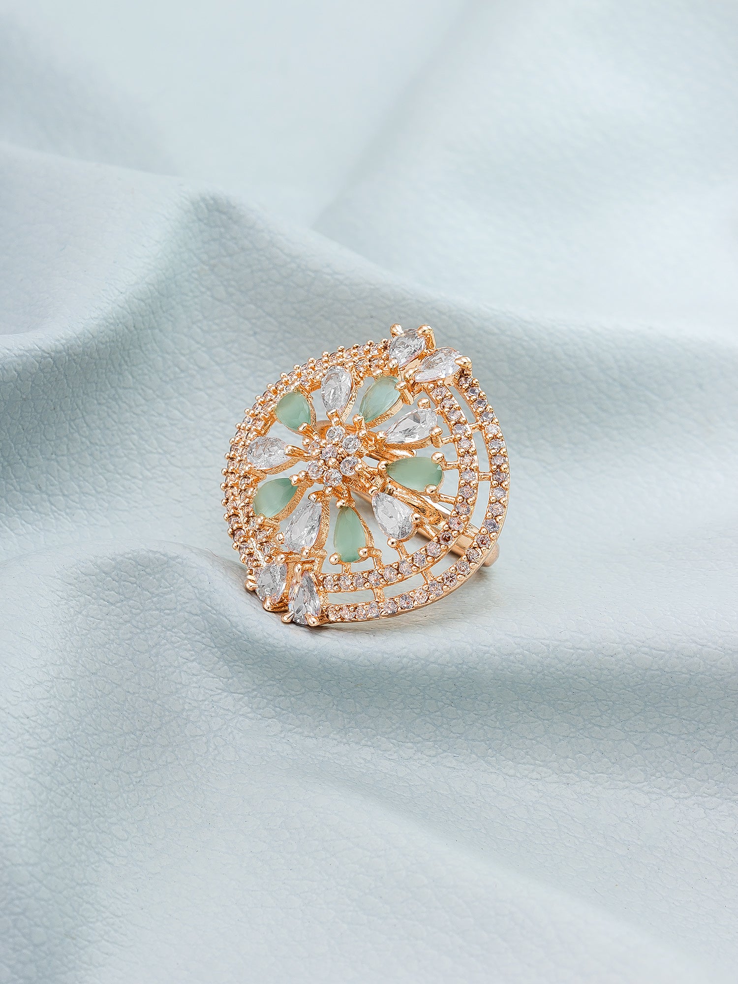 Aadita Oversized Circular Ring with Mint Green and Clear Crystals