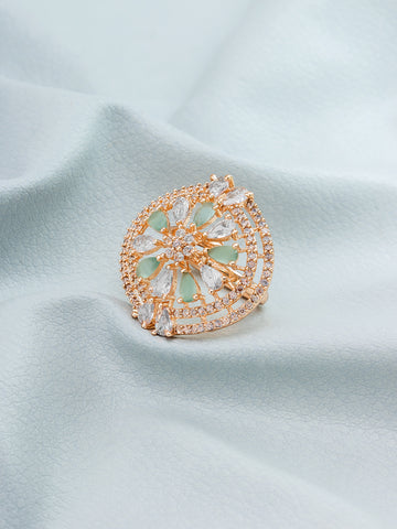 Aadita Oversized Circular Ring with Mint Green and Clear Crystals