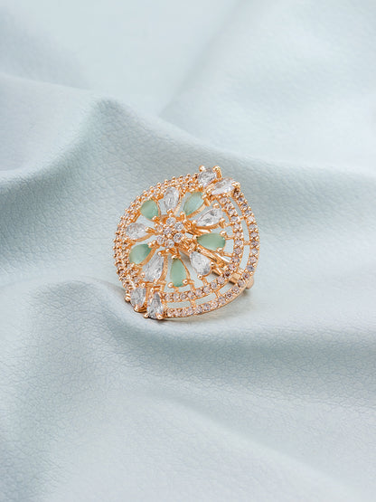 Aadita Oversized Circular Ring with Mint Green and Clear Crystals