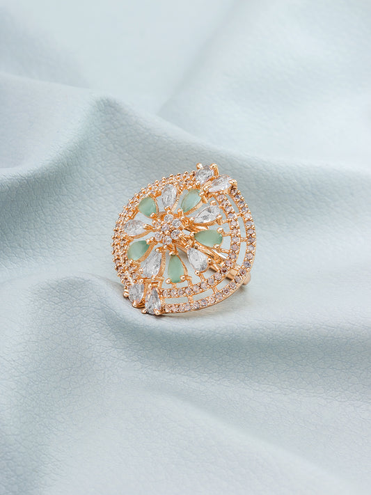 Aadita Oversized Circular Ring with Mint Green and Clear Crystals