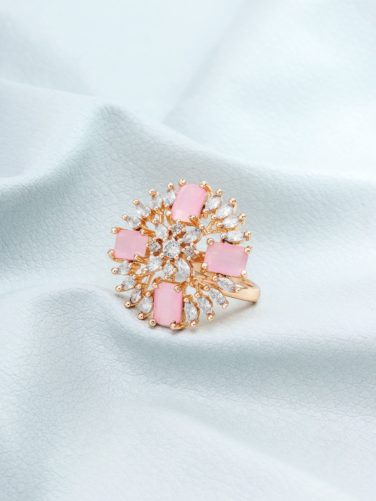 Aadita Contemporary Pink Rectangular Stone Ring with Marquise Accents