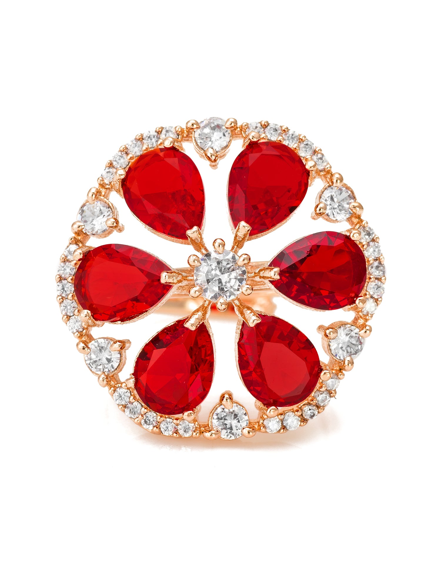 Aadita Ruby Red Floral Halo Adjustable Ring