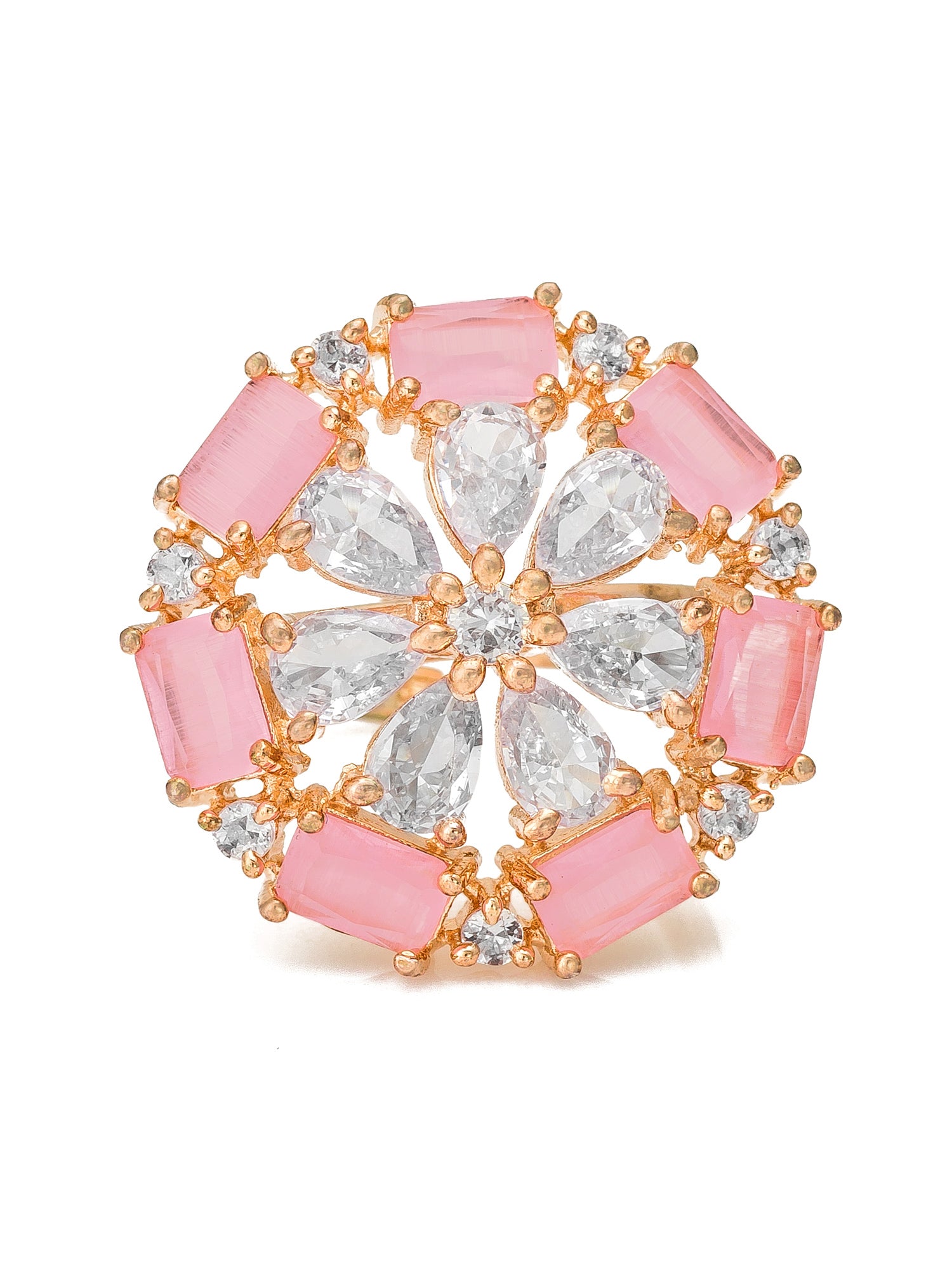 Aadita Rose Gold Pink Baguette Floral Cocktail Ring