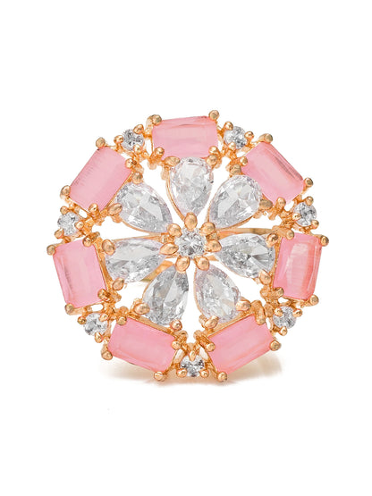 Aadita Rose Gold Pink Baguette Floral Cocktail Ring