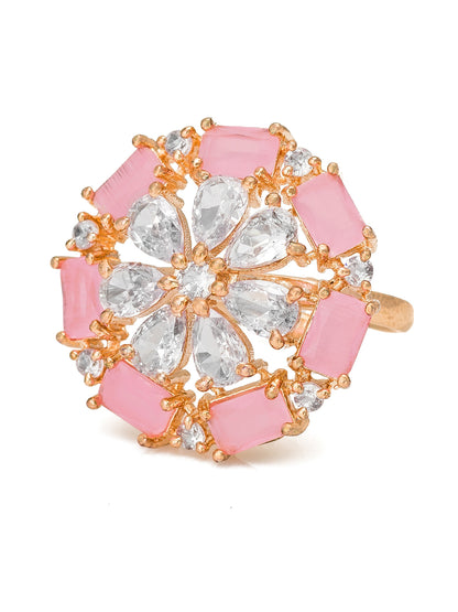 Aadita Rose Gold Pink Baguette Floral Cocktail Ring