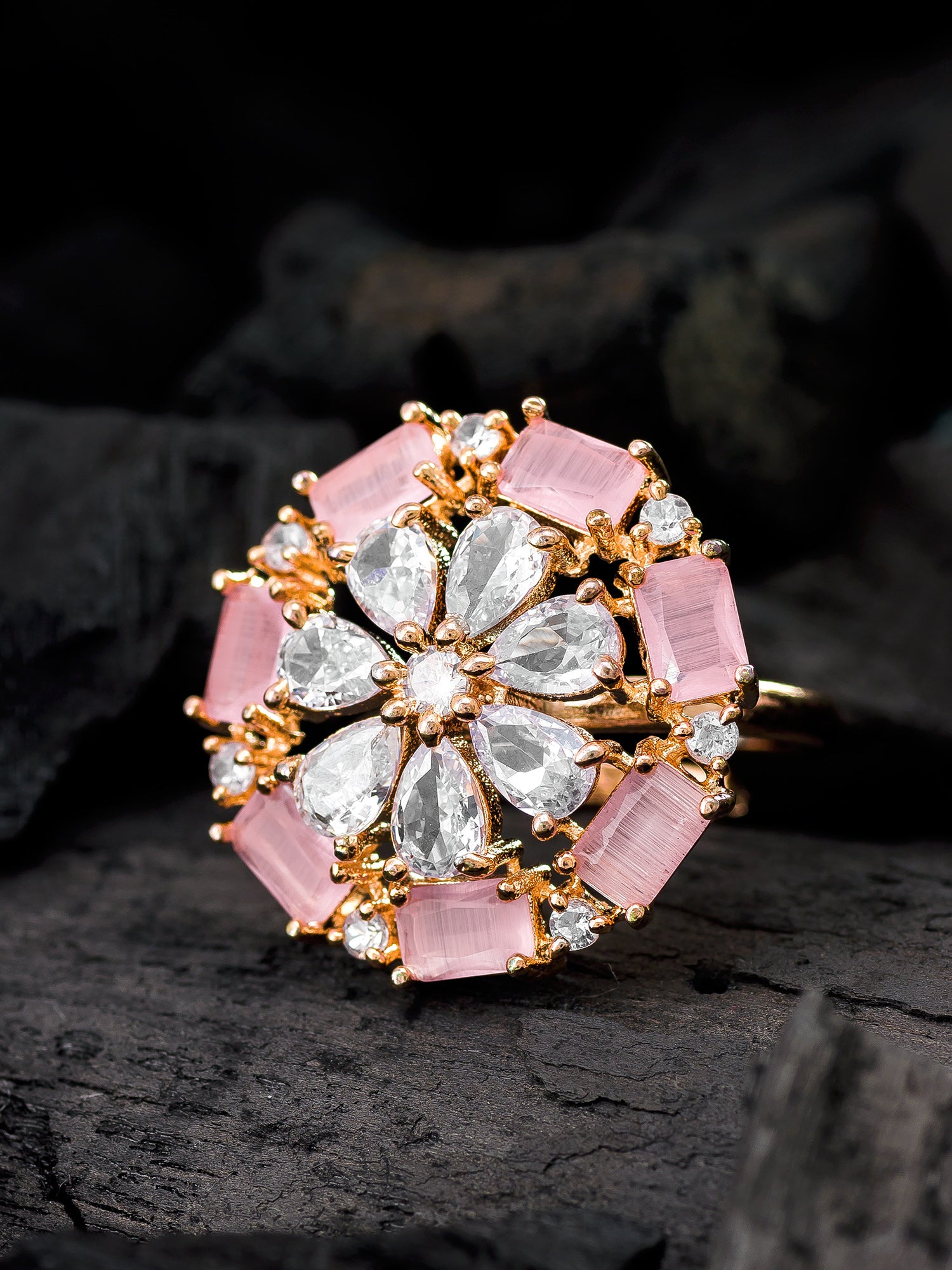 Aadita Rose Gold Pink Baguette Floral Cocktail Ring