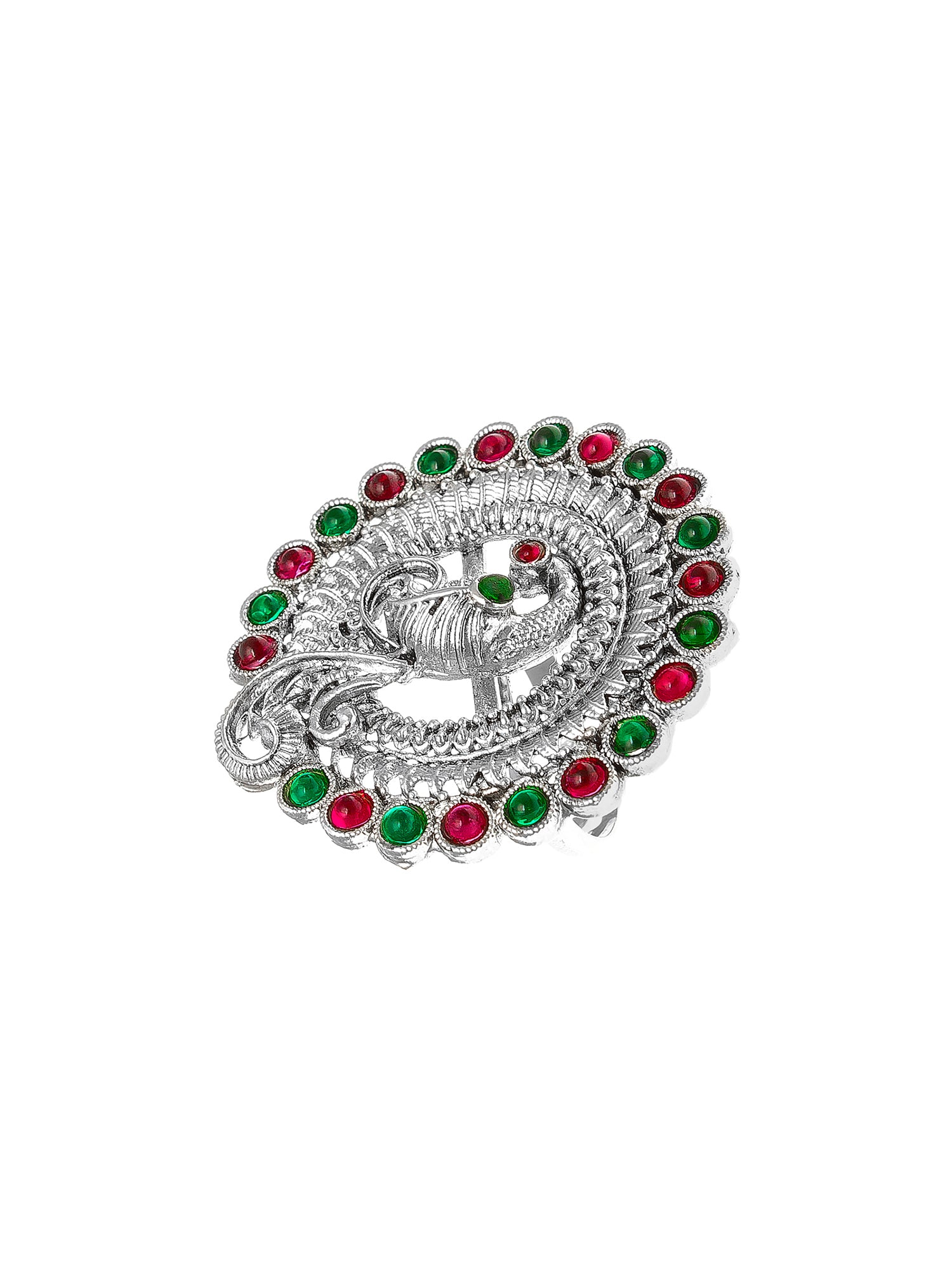 Aadita Oxidized Silver Peacock Motif Ring with Ruby and Emerald Color Accents