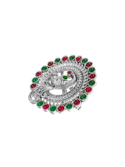 Aadita Oxidized Silver Peacock Motif Ring with Ruby and Emerald Color Accents