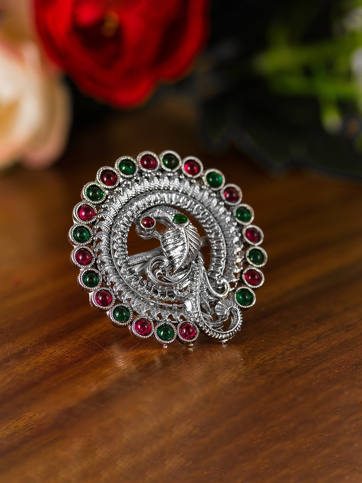 Aadita Oxidized Silver Peacock Motif Ring with Ruby and Emerald Color Accents