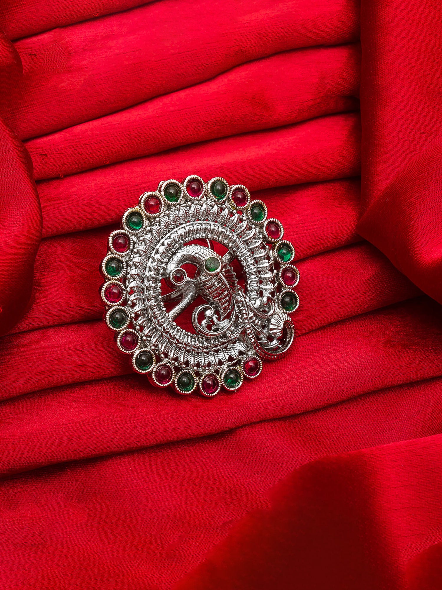 Aadita Oxidized Silver Peacock Motif Ring with Ruby and Emerald Color Accents