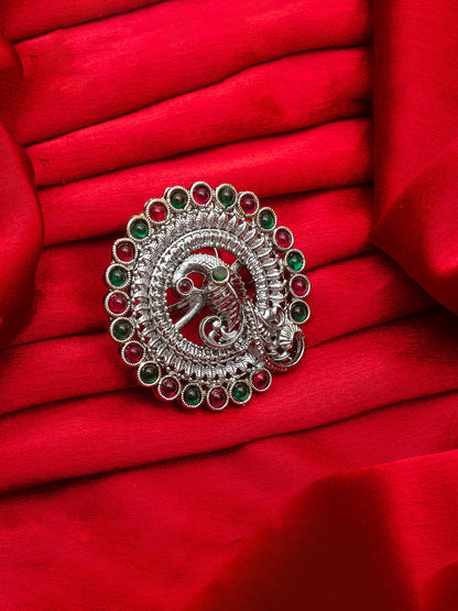 Aadita Oxidized Silver Peacock Motif Ring with Ruby and Emerald Color Accents