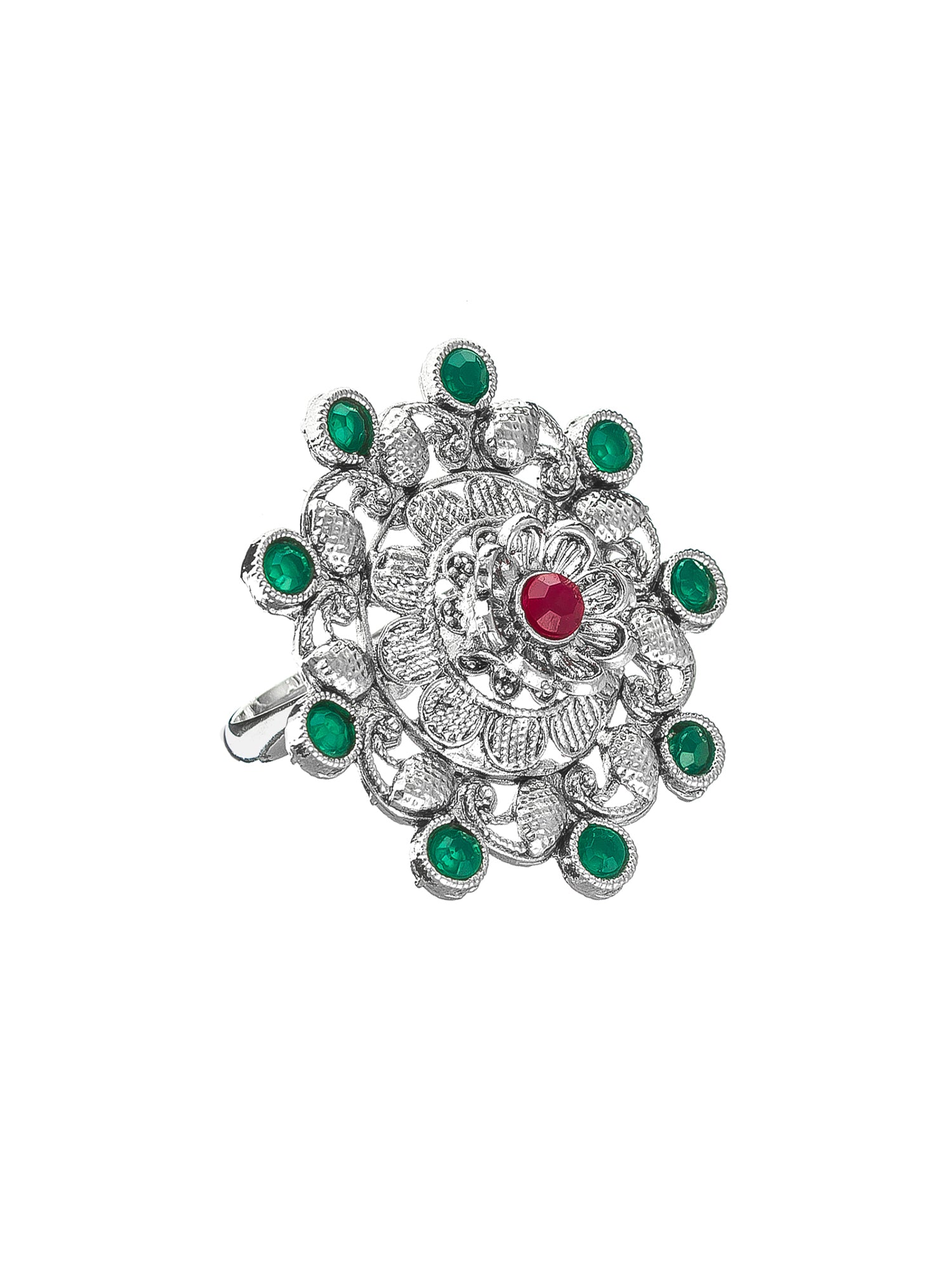 Aadita Intricate Filigree Floral Ring with Red Center Stone
