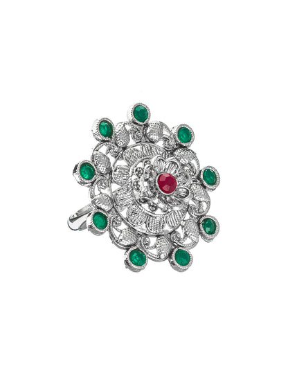 Aadita Intricate Filigree Floral Ring with Red Center Stone