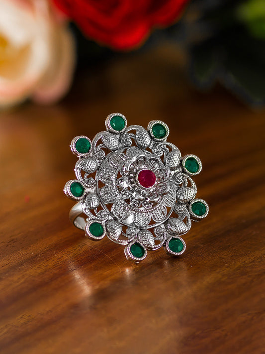 Aadita Intricate Filigree Floral Ring with Red Center Stone