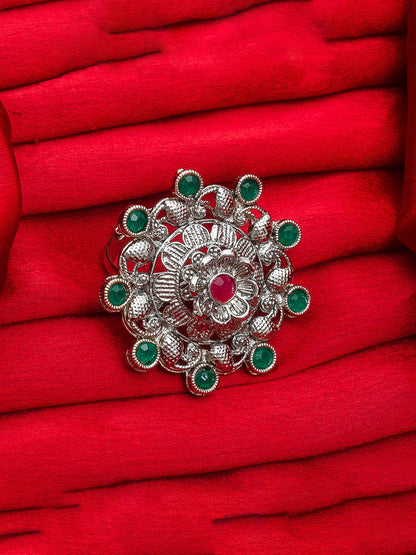 Aadita Intricate Filigree Floral Ring with Red Center Stone