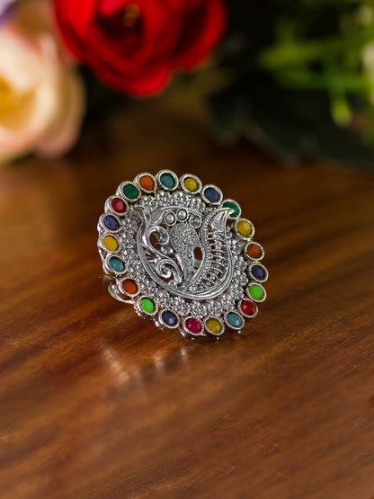 Aadita Multi-Color Stone Studded Peacock Statement Ring