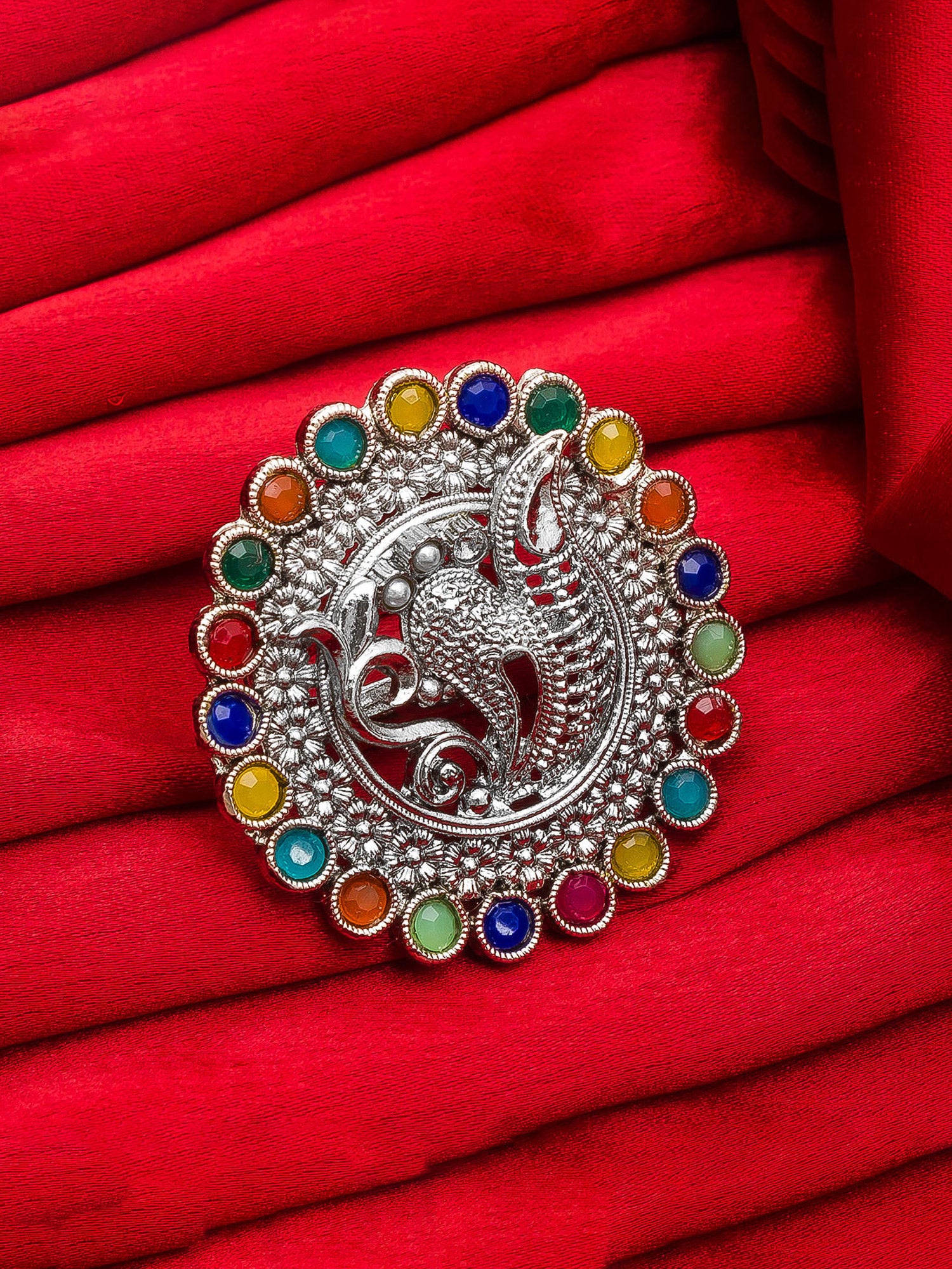 Aadita Multi-Color Stone Studded Peacock Statement Ring