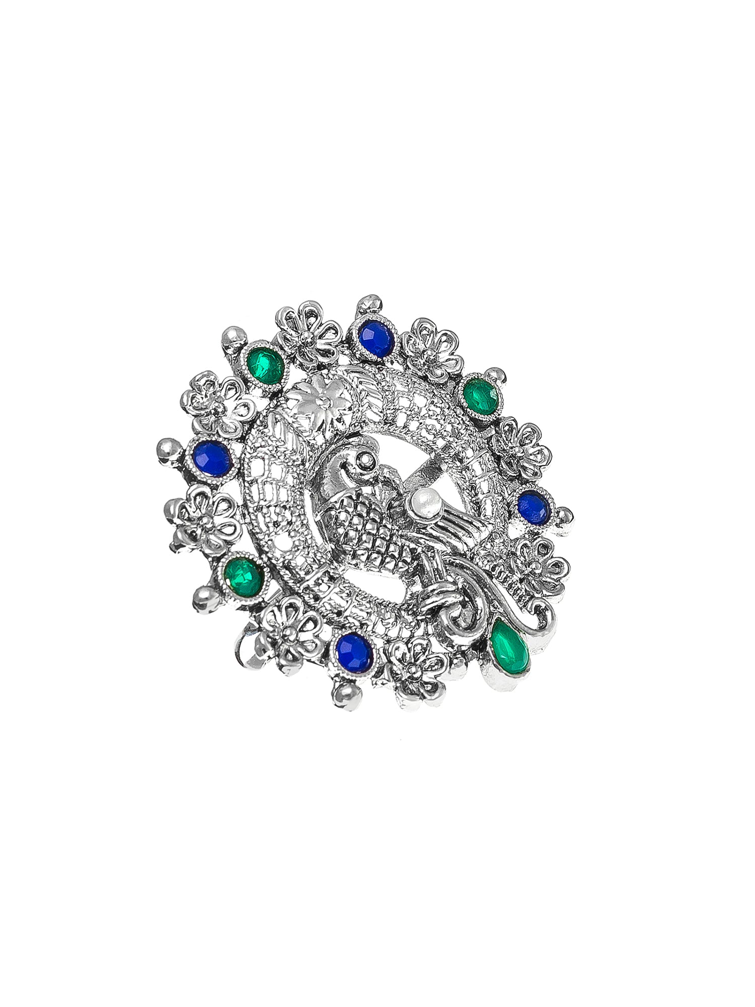 Aadita Cutout Peacock Design Ring with Blue and Green Crystals