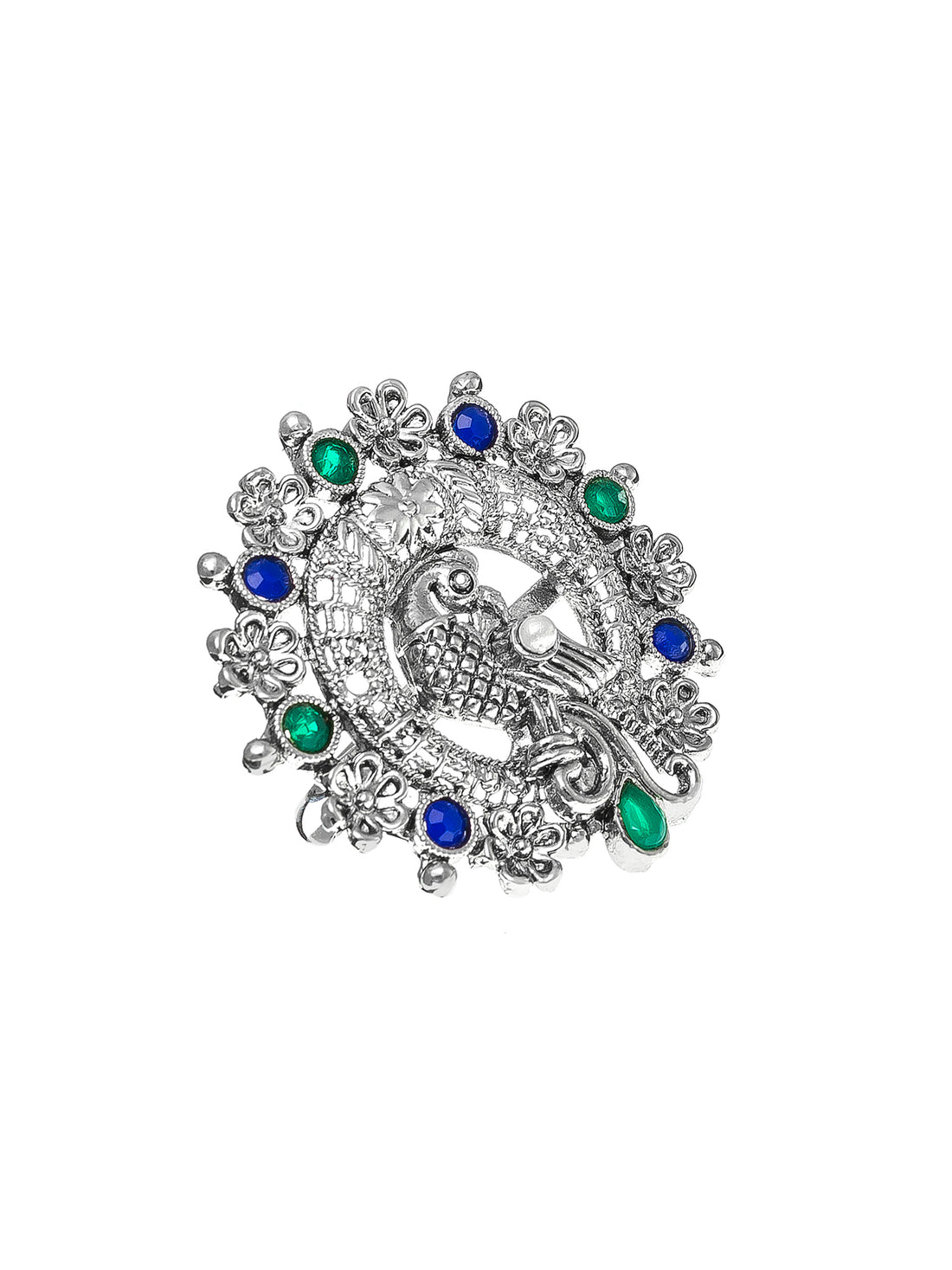 Aadita Cutout Peacock Design Ring with Blue and Green Crystals