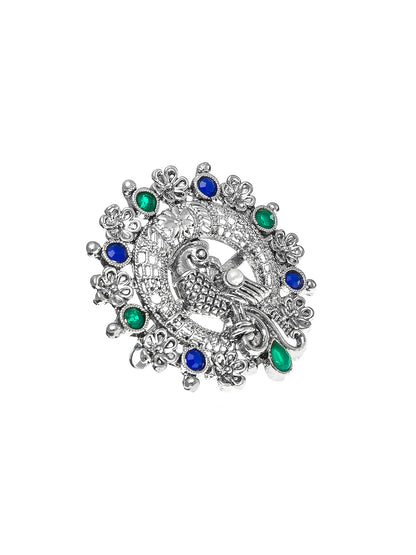 Aadita Cutout Peacock Design Ring with Blue and Green Crystals