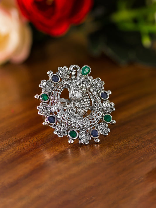 Aadita Cutout Peacock Design Ring with Blue and Green Crystals