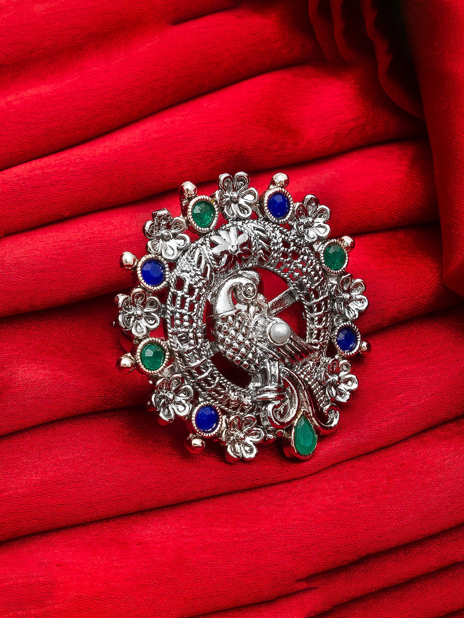 Aadita Cutout Peacock Design Ring with Blue and Green Crystals