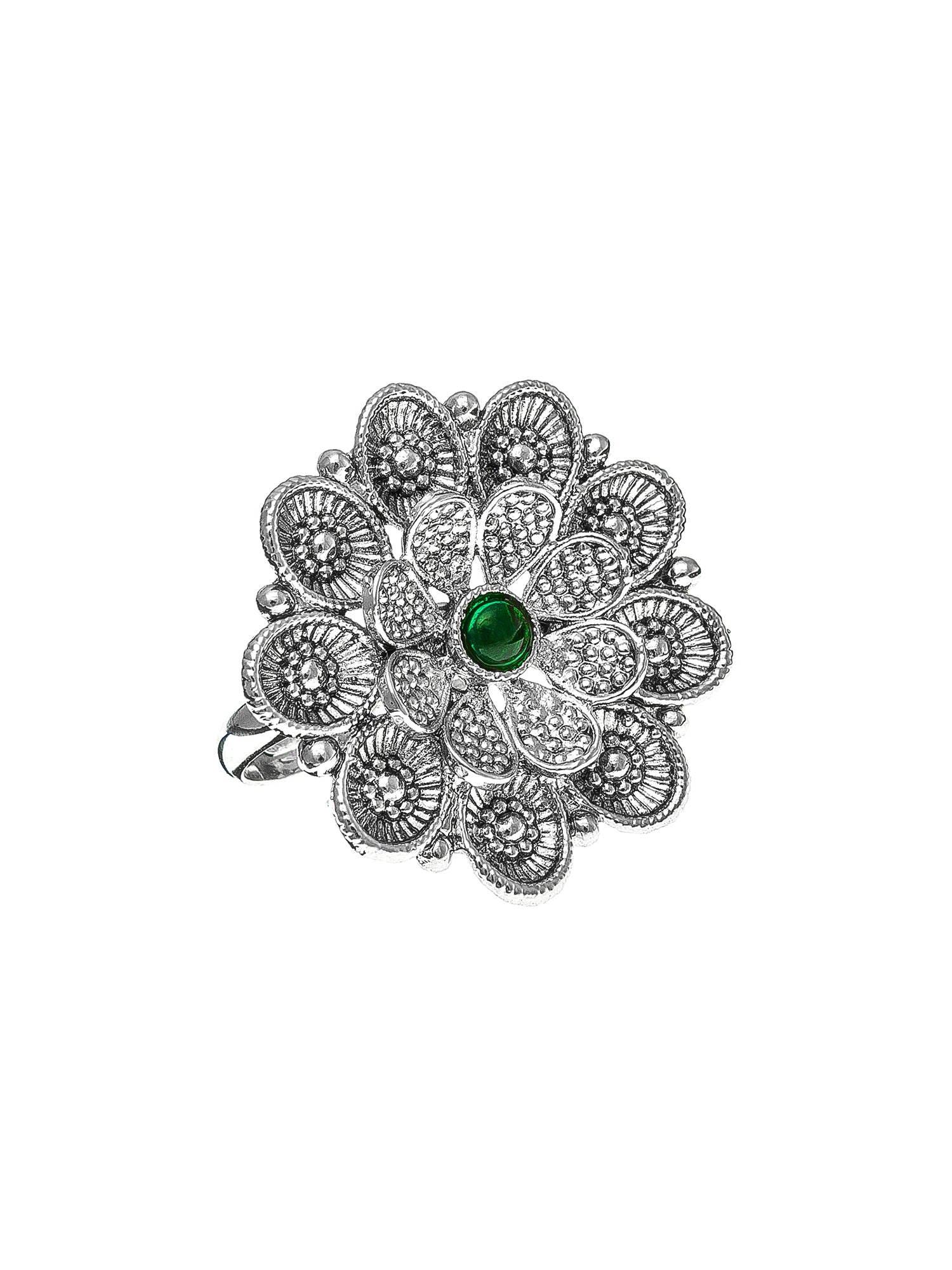 Aadita Textured Silver Flower Ring with Green Centerpiece