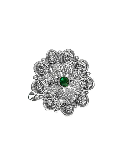 Aadita Textured Silver Flower Ring with Green Centerpiece