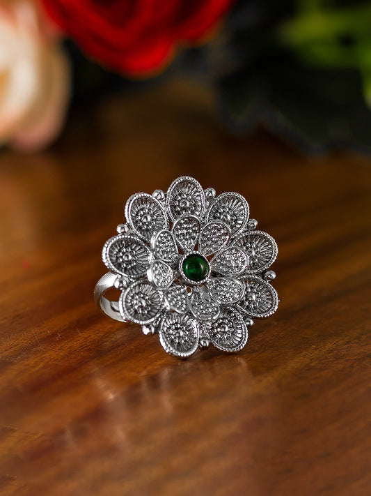 Aadita Textured Silver Flower Ring with Green Centerpiece