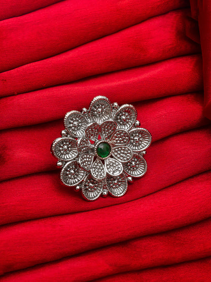 Aadita Textured Silver Flower Ring with Green Centerpiece