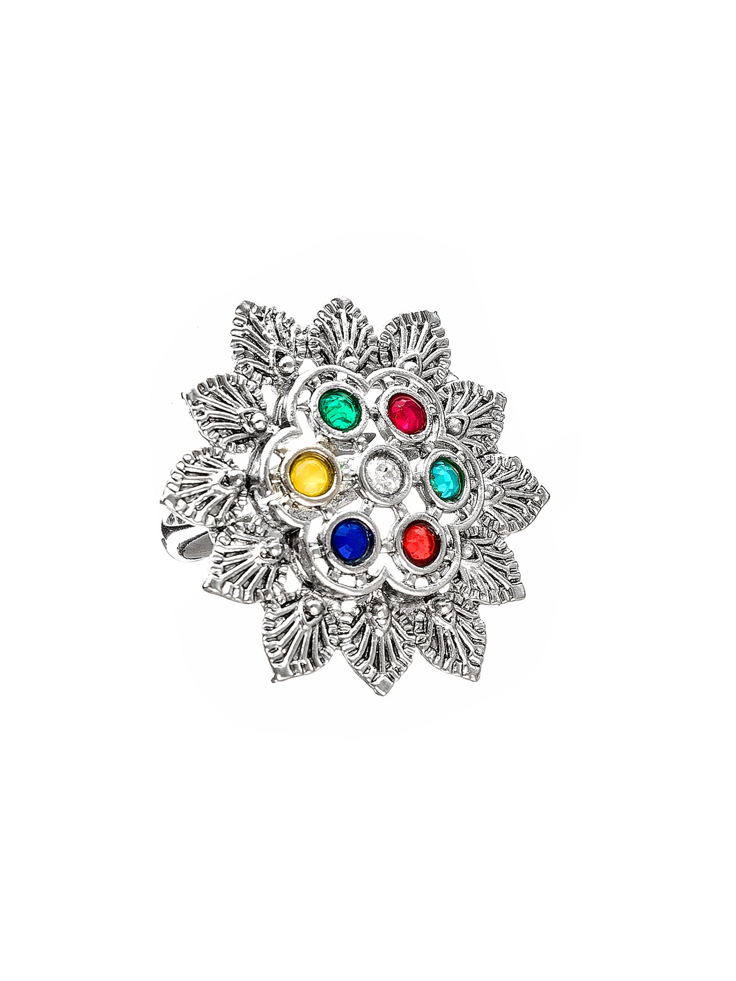Aadita Seven-Stone Floral Cluster Ring with Leaf Detailing