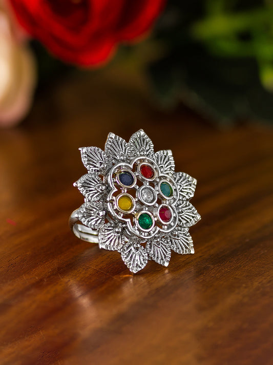 Aadita Seven-Stone Floral Cluster Ring with Leaf Detailing