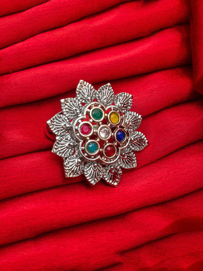 Aadita Seven-Stone Floral Cluster Ring with Leaf Detailing