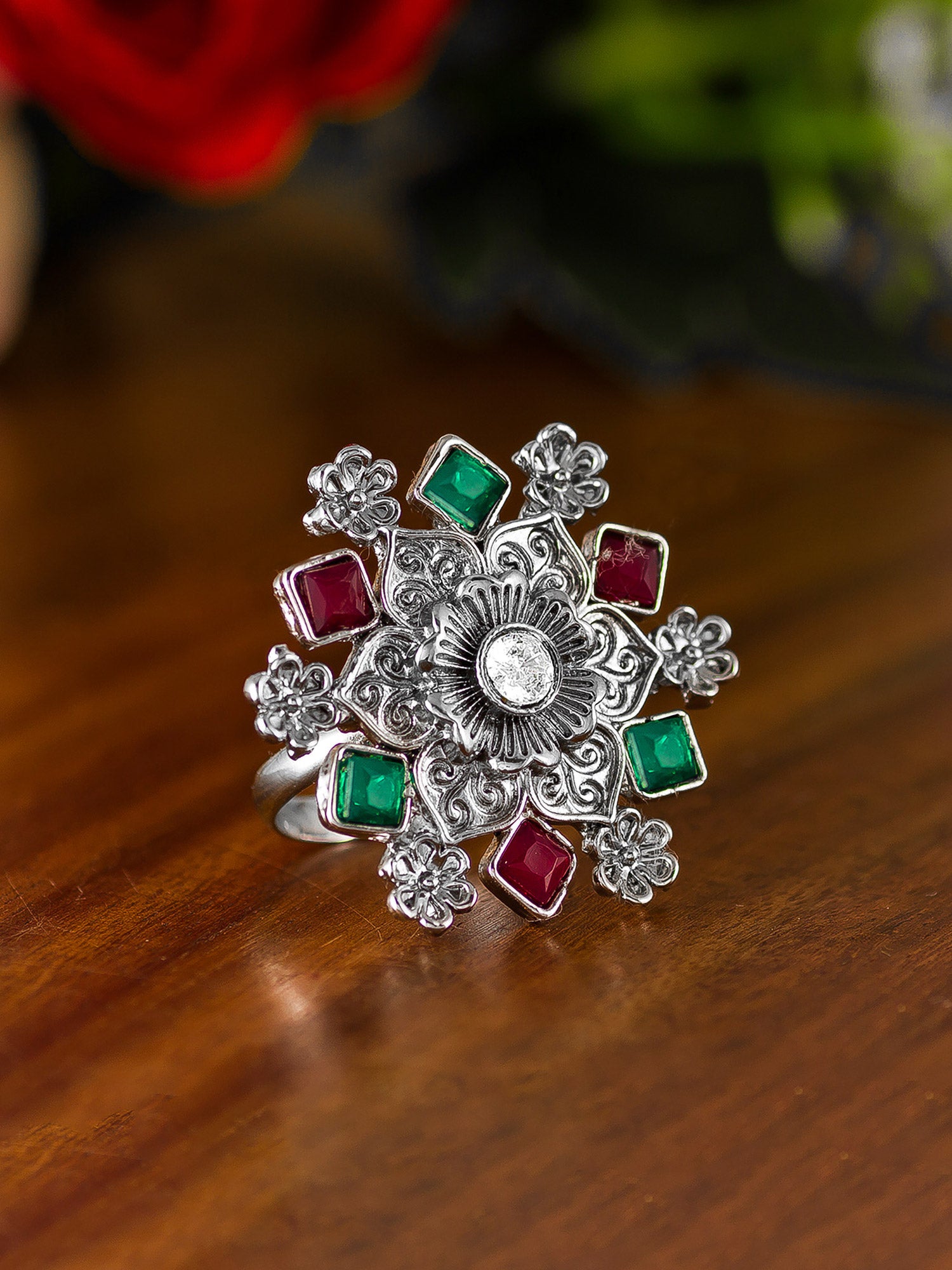 Aadita Geometric Snowflake Ring with Square Cut Stones