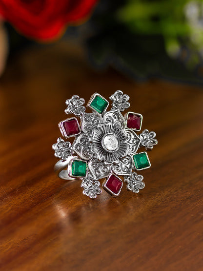 Aadita Geometric Snowflake Ring with Square Cut Stones