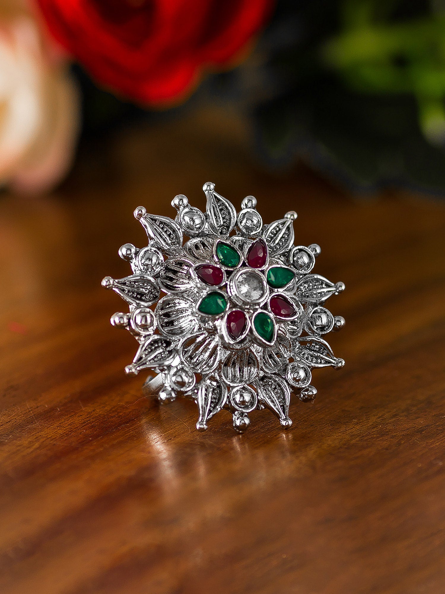 Aadita Sunburst Oxidized Ring with Teardrop Accents