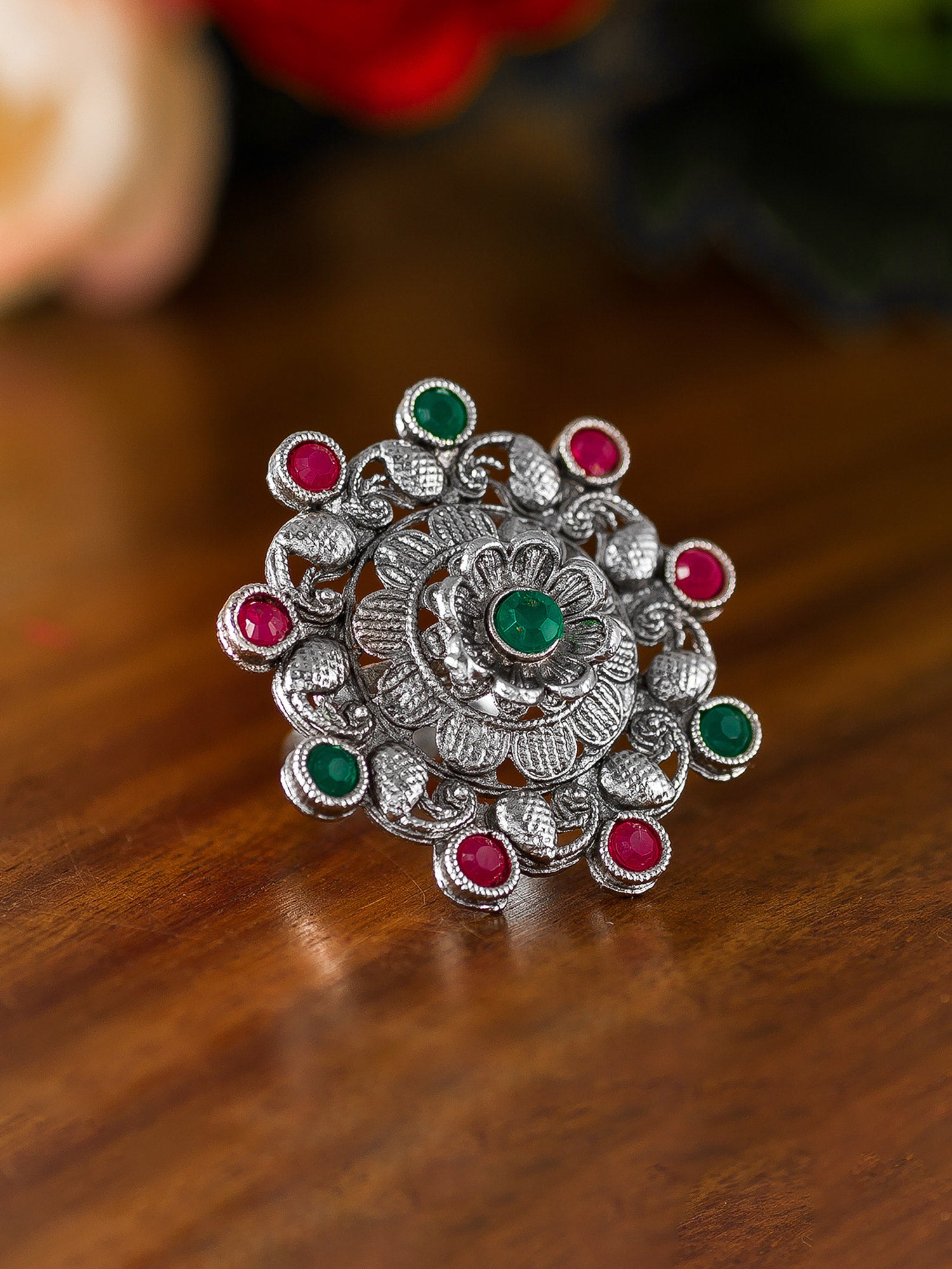 Aadita Oxidized Classic Round Floral Stud Ring