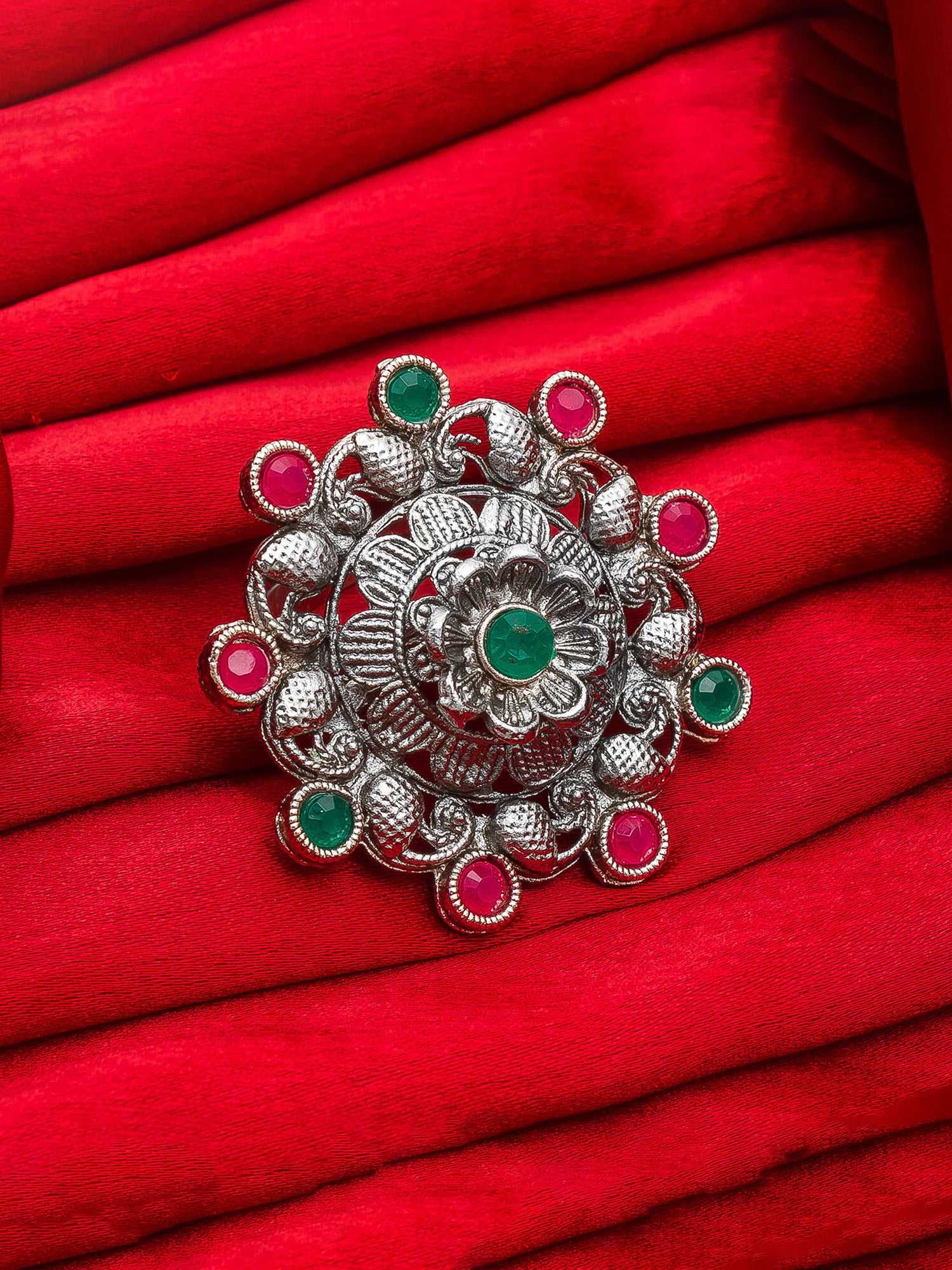 Aadita Oxidized Classic Round Floral Stud Ring